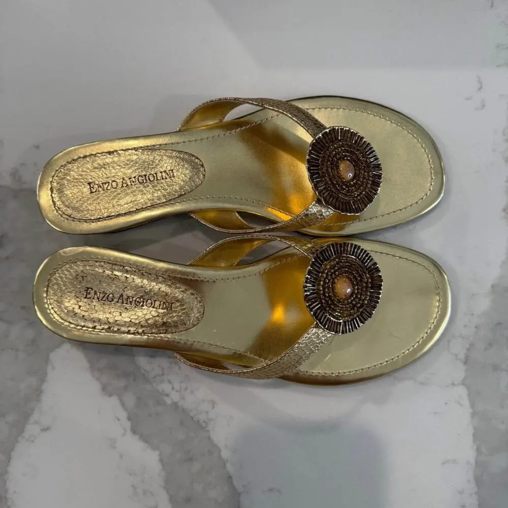 Enzo Angiolini Eanetta Sandals Women's 8 Stacked Wedge Heel Jeweled Beaded Gold - Image 5