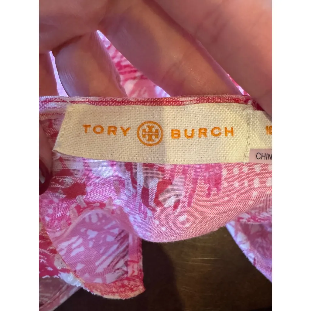 Tory Burch Shirt Women 10 Pink Floral Linen Blend Lightweight Blouse Boho Luxury - Image 8