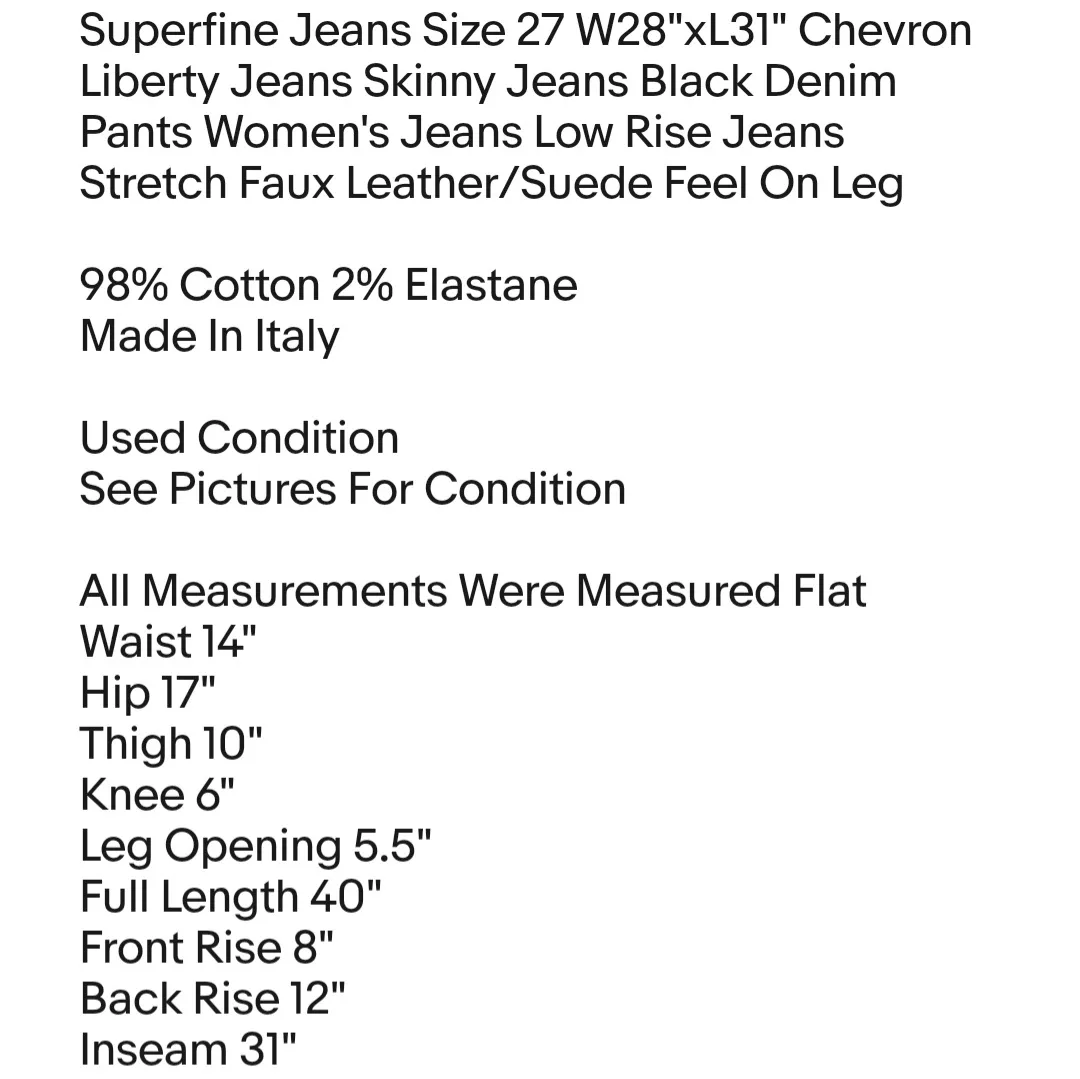 Superfine Jeans Size 27 W28"xL31" Chevron Liberty Jeans Skinny Jeans Black Denim Pants  - Image 2