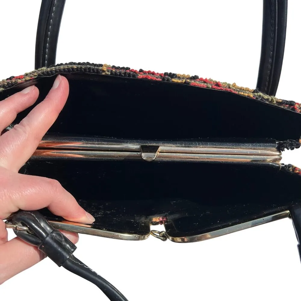 Vintage Floral Print Handbag Purse Tapestry Bag Needle Point Black Red - Image 7