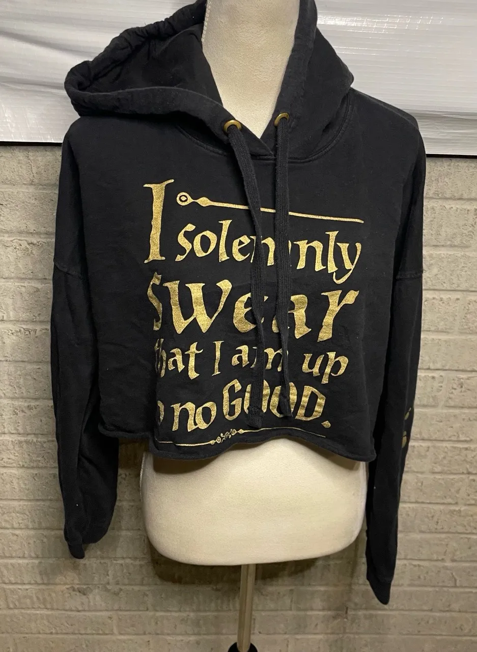 Harry Potter Black Gold Print Cropped Hooded Screen Print Sweatshirt Large - Image 1