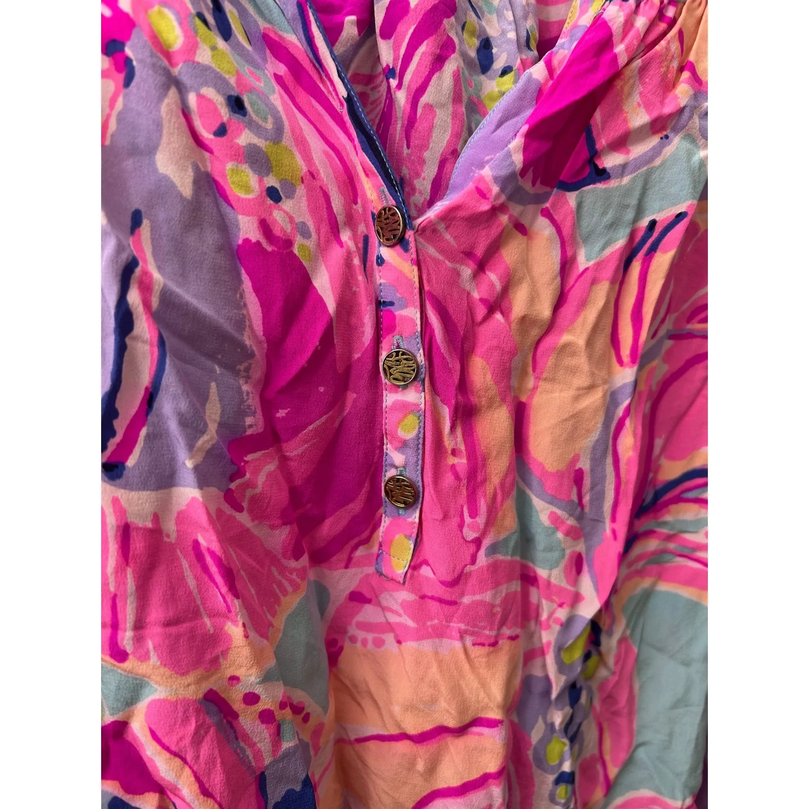 Lilly Pulitzer Silk V-Neck‎ Smocked Blouse XS Pink Floral Button Up Long Sleeve - Image 6