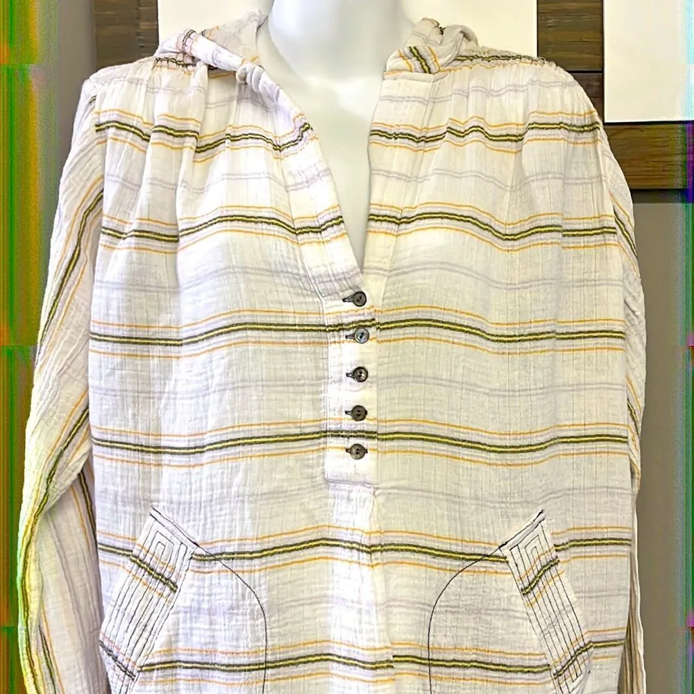 FREE PEOPLE-Rolling Clouds 100% Cotton Hoodie Pocketed White Stripe Blouse-Small - Image 2