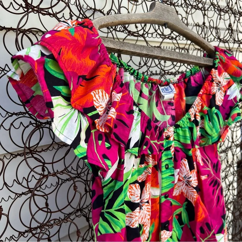 Vintage Circle T Hawaiian tropical floral off the shoulder western blouse Pink - Image 7