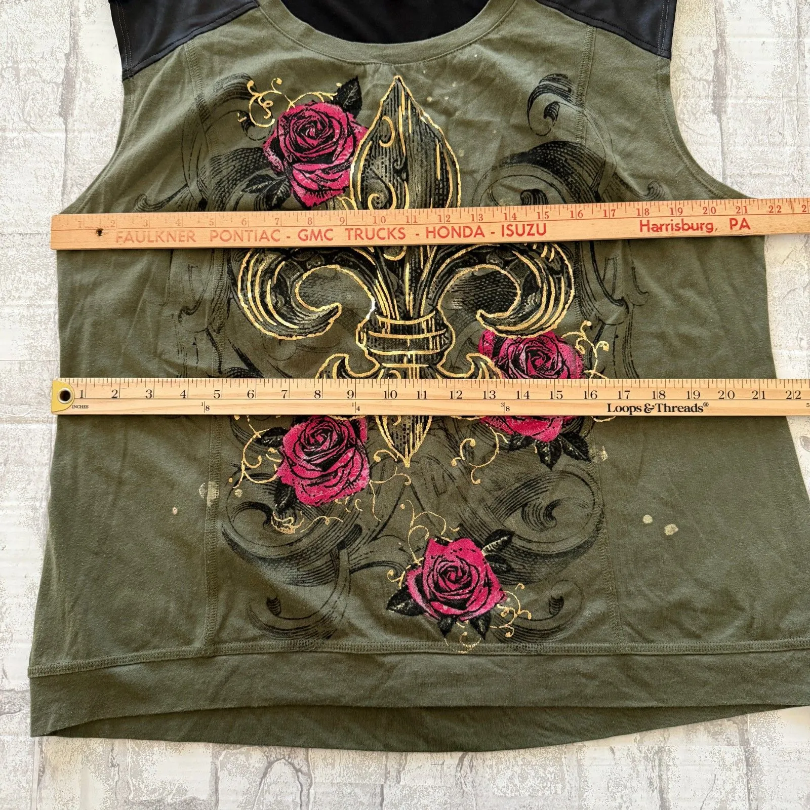 Bongo VTG Y2K Green Subculture Grunge Embellished Fleur-de-Lis Top Sz 1X - Image 7