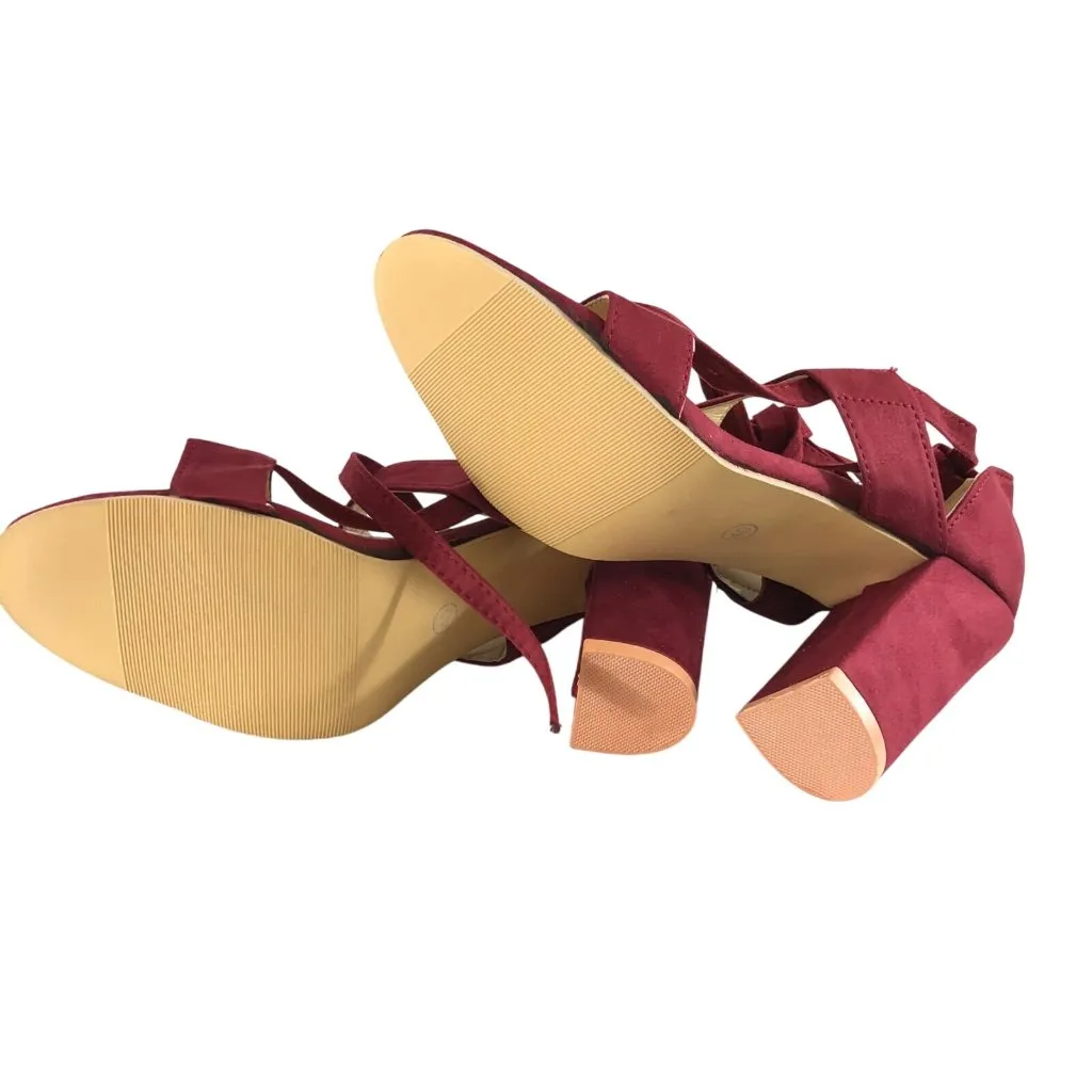 Womens Heels Strappy Lace Up Block Heel Open Toe Faux Suede Red Size 40 US 9 - Image 4