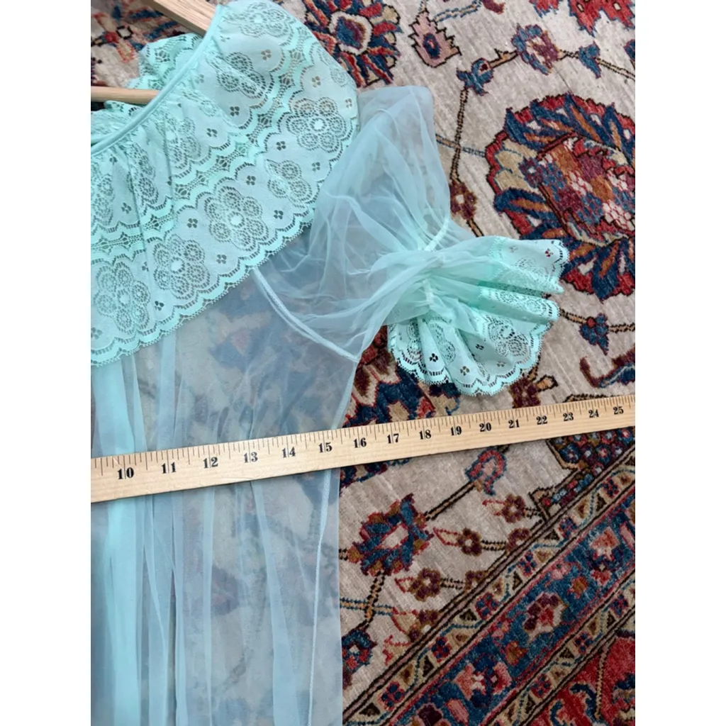 Vintage Sears Mint Green Sheer Lace Peignoir Nightgown Set 60s 70s SM - Image 7