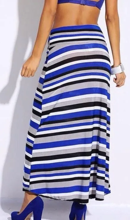 BLUE/BLACK STRIPED BANDED MAXI SKIRT Blue - Image 2