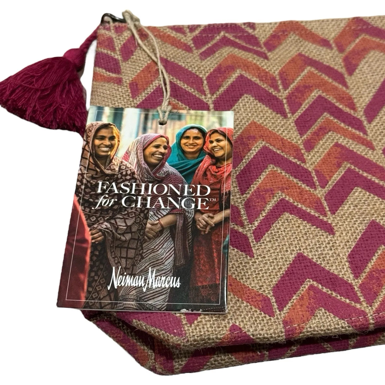 NEW Neiman Marcus Pink/Tan Chevron Stripe Tassel Handcrafted Cosmetic Makeup Bag - Image 3