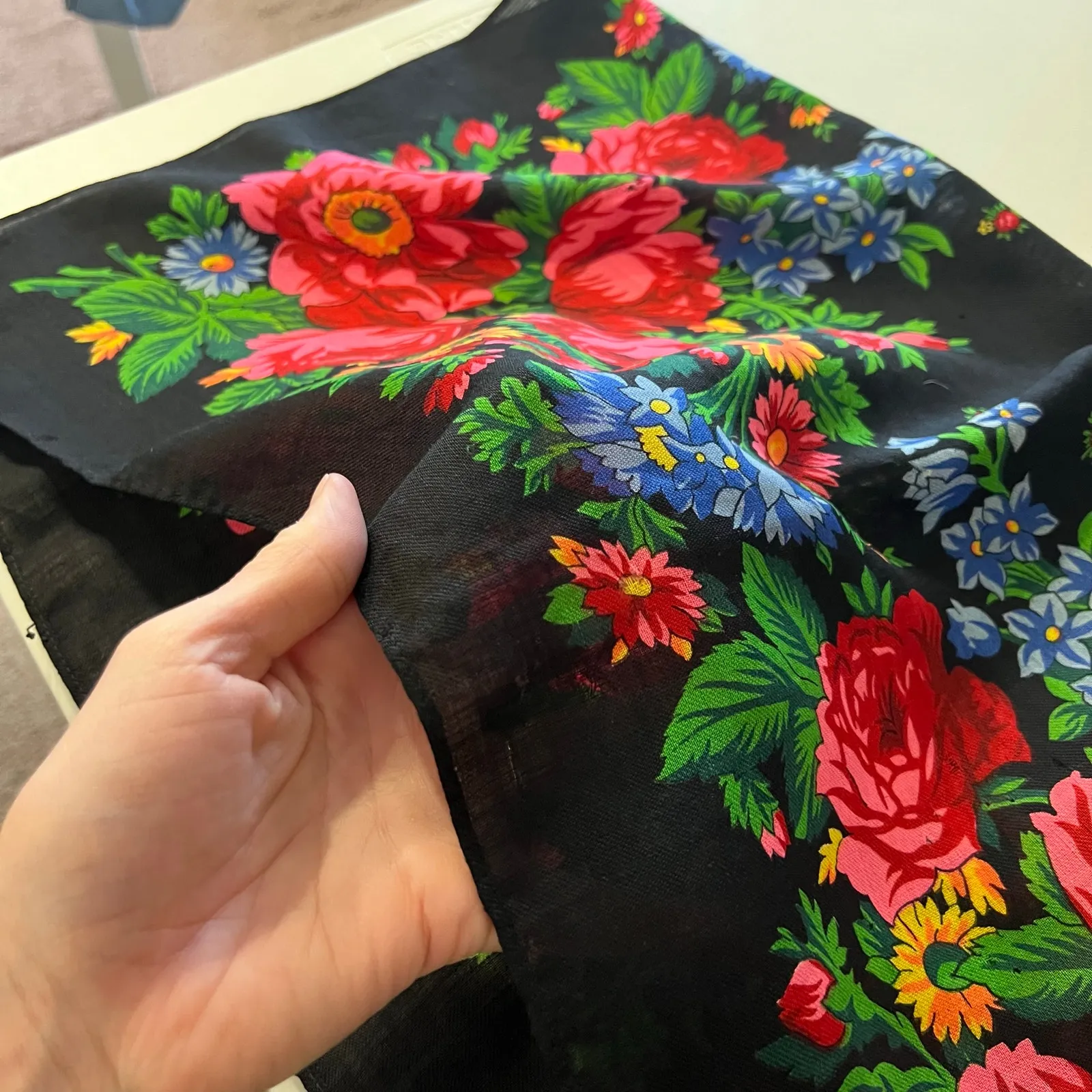 Vintage Black Soft Woven Bandana Neck Tie Scarf Wrap Bright Floral Print - Image 6