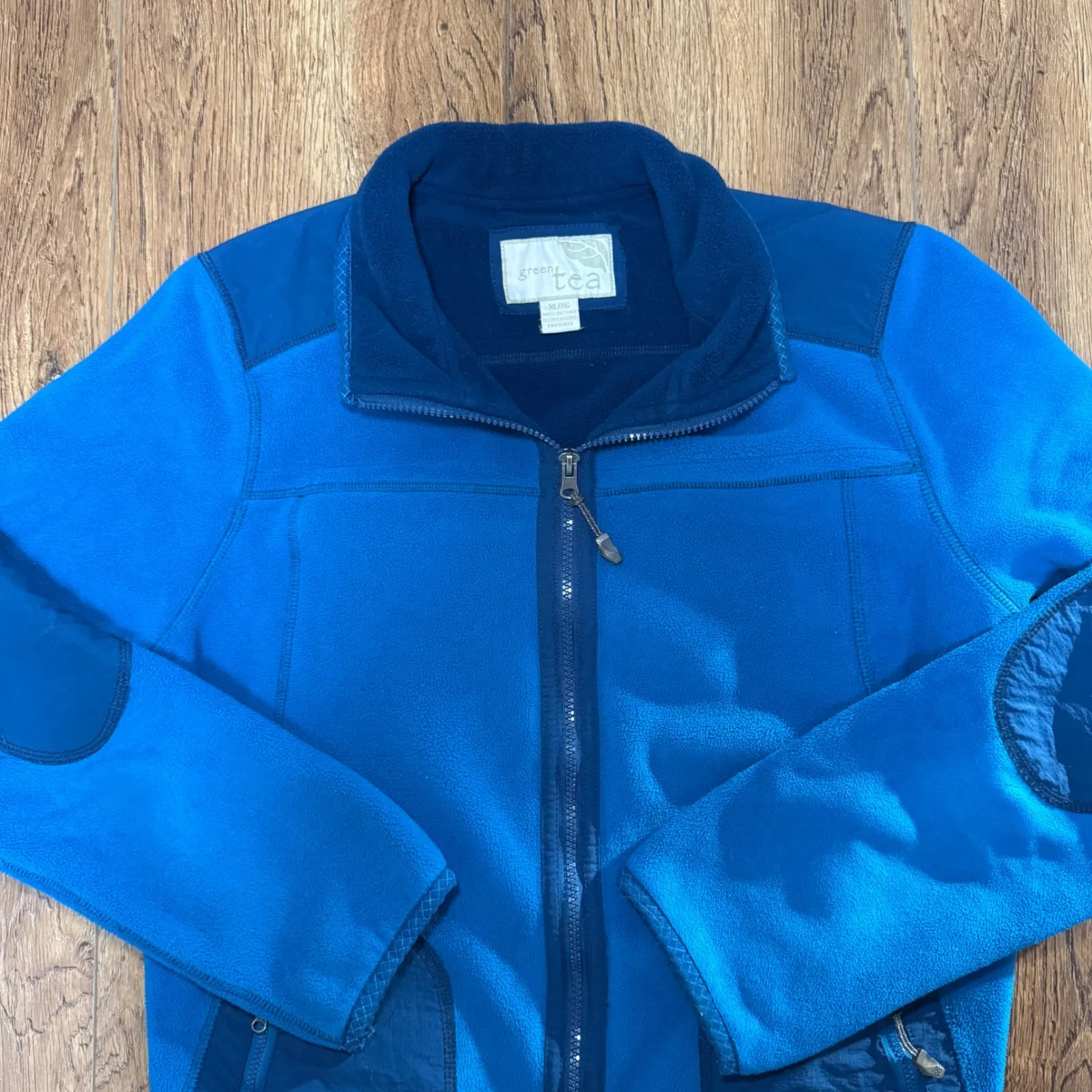 Green Tea Blue Fleece Zip Up Jacket Womens XL Zip Pockets Elbow Patches - Image 2
