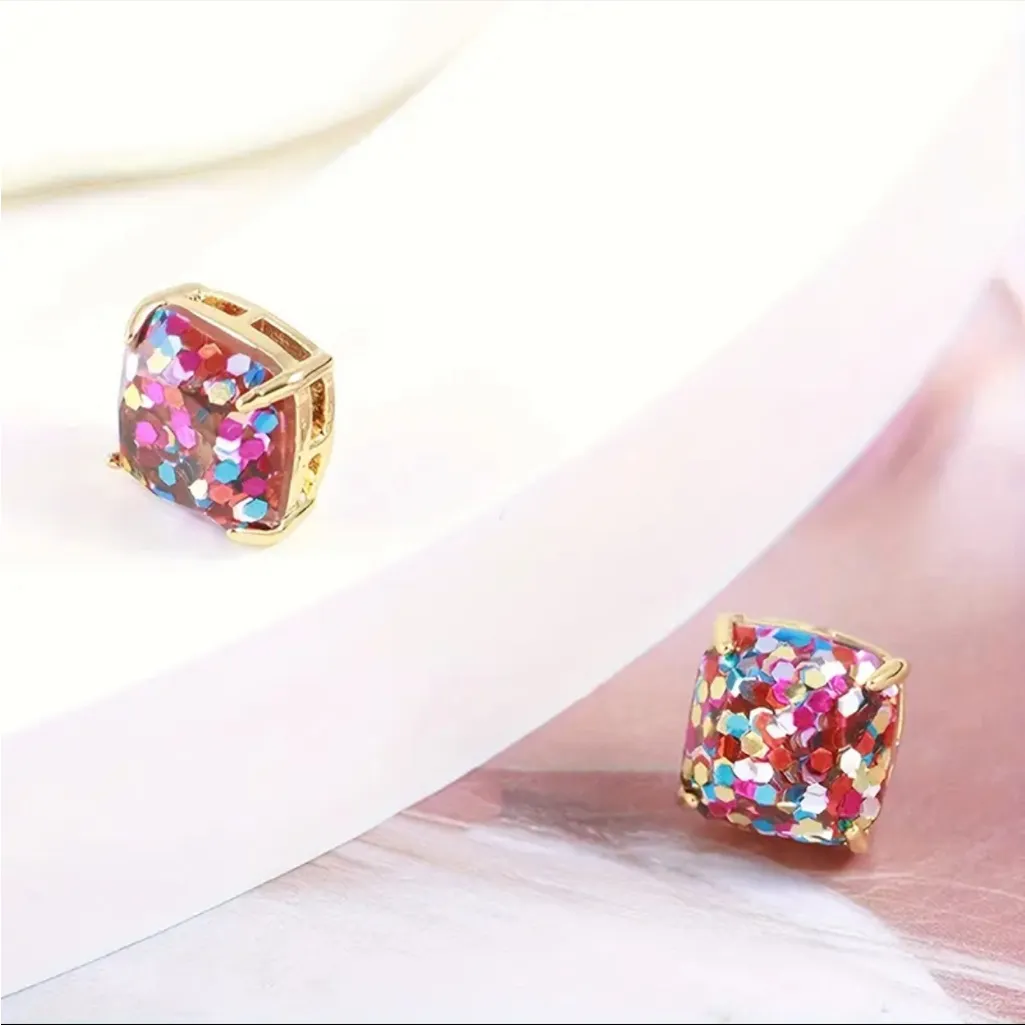 Confetti Glitter Square Stud Earrings Gold Tone Multicolor Sparkle NWT - Image 5