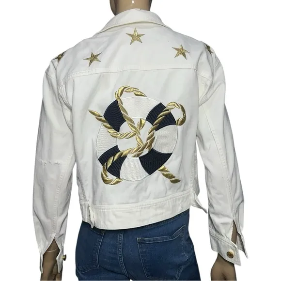 Escada Vintage L White Denim Gold Embroidered Stars Life Preserver Jean Jacket Size L - Image 2