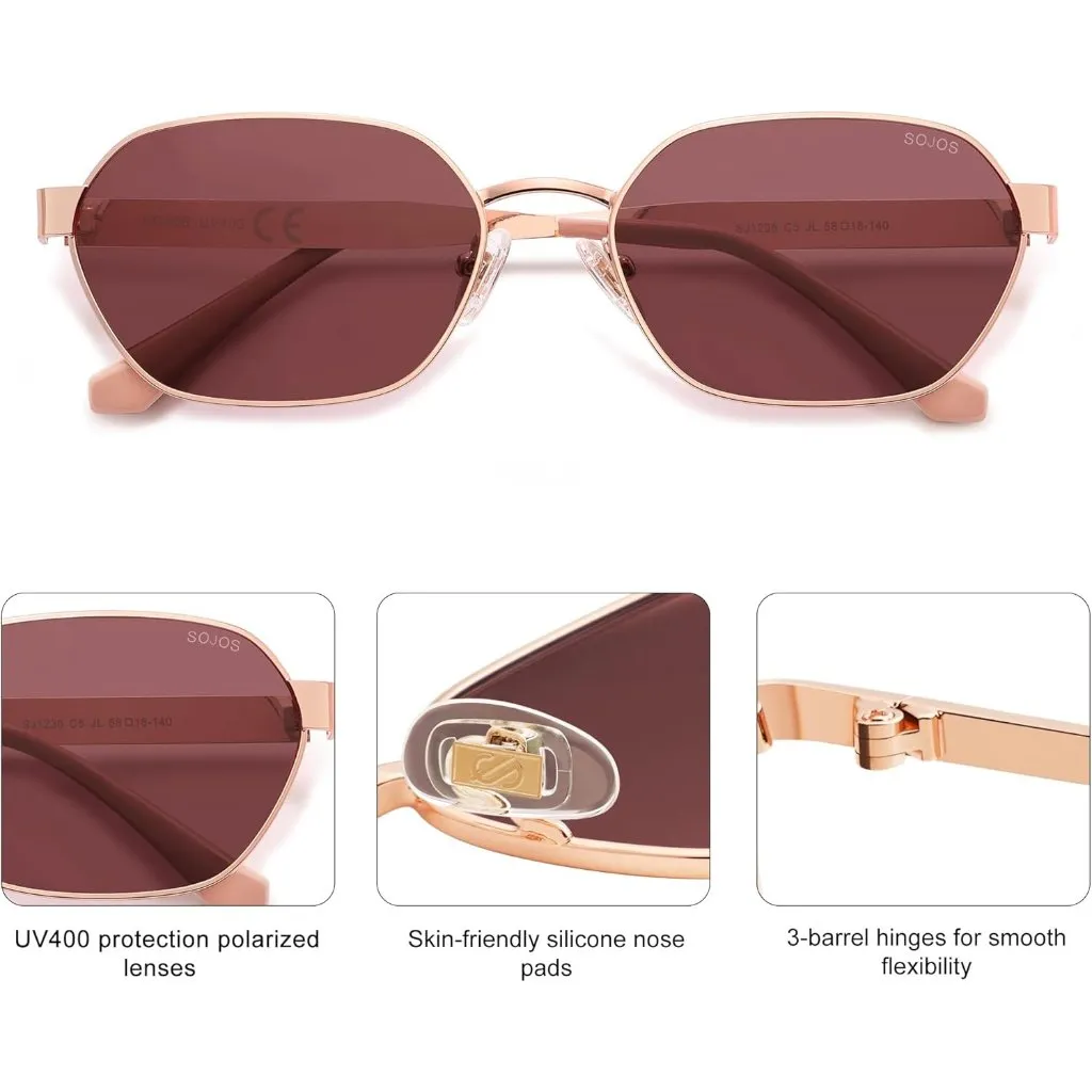 Unisex Rose Gold/Red Trendy Hexagon Sunglasses for UV400 Retro Rectangle Shades Red - Image 3
