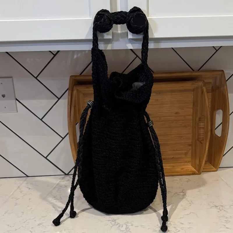 Happy & Free black crochet drawstring bag coastal beach hippie bohemian festival - Image 3