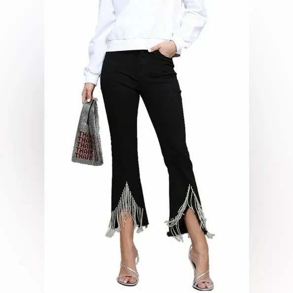 RISEN JEANS black rhinestone fringe size 7. 28. - Image 2