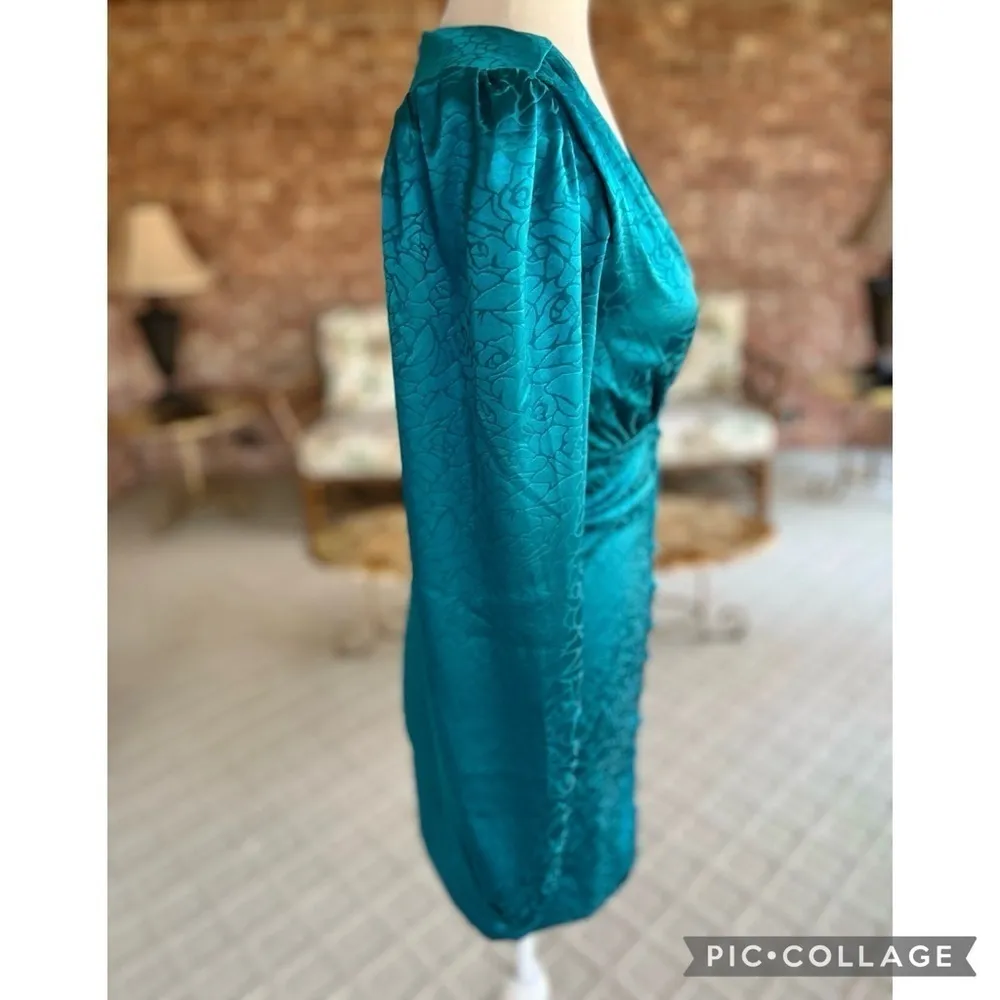 Bebe Mini Dress Bodycon Satin Jacquard Teal Blue XS Cocktail Low Plunging Neck - Image 11