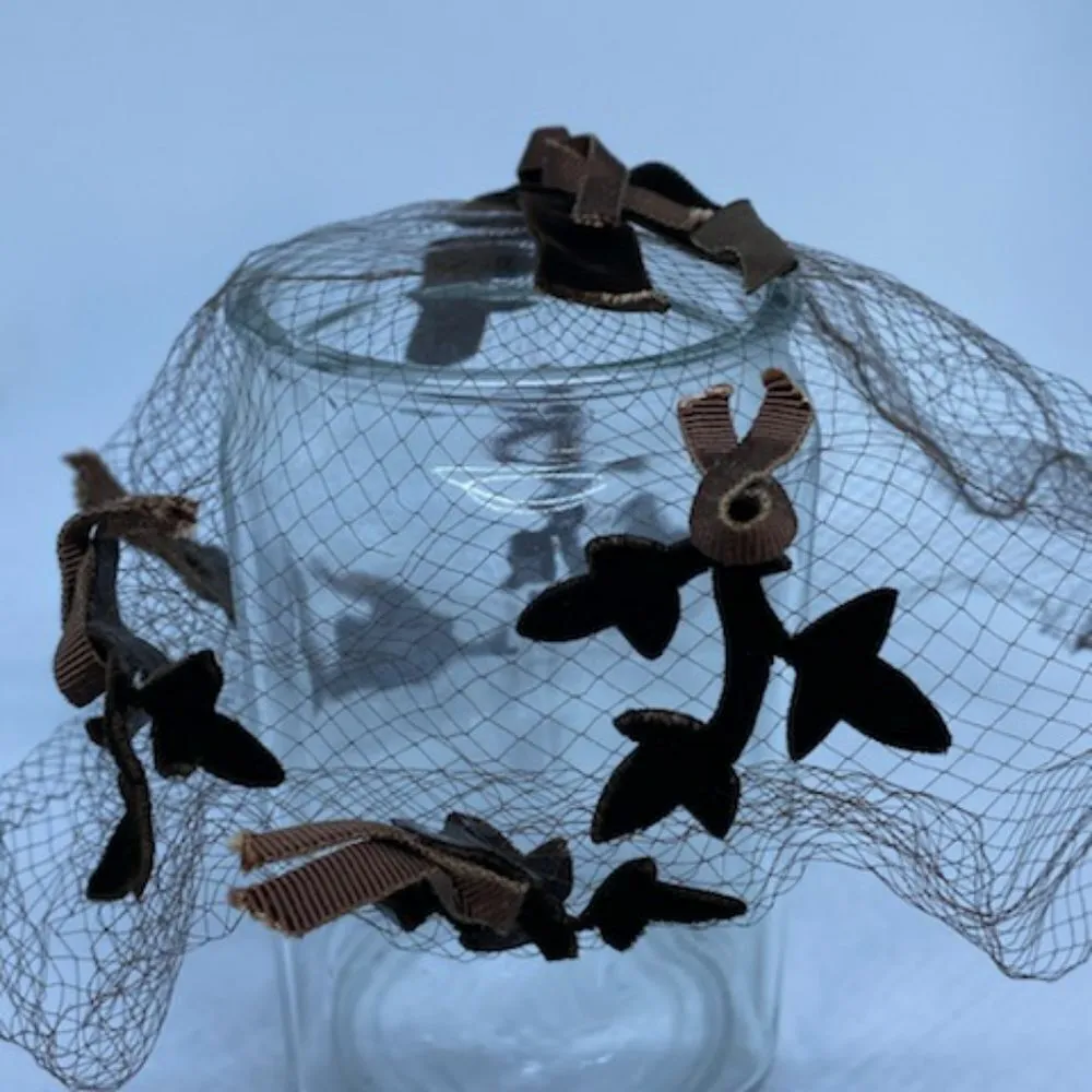 Vintage Brown Tulle Head Piece with Velvet Leaf Brown - Image 4