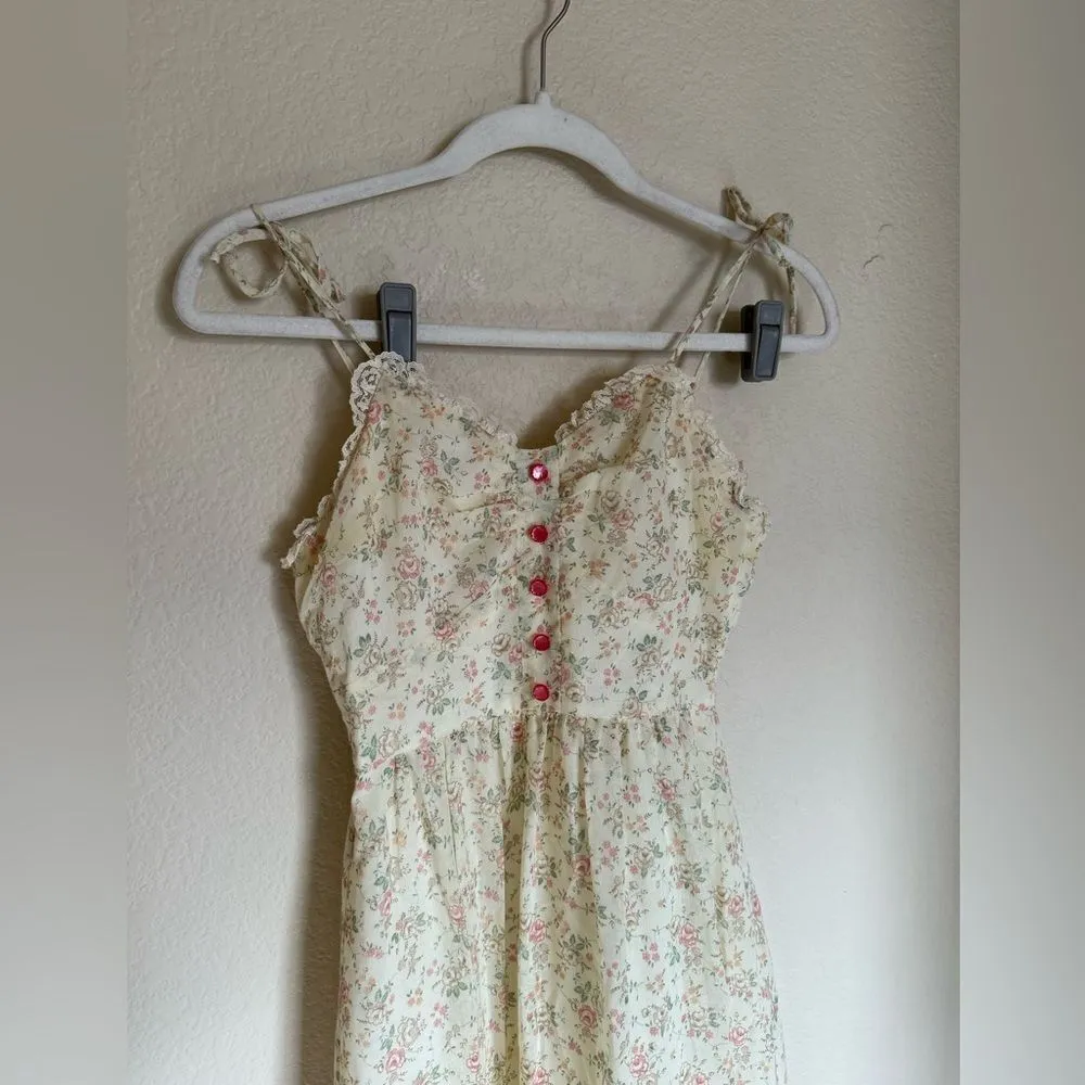 Vintage 70s Candi Jones Ditsy Floral Sun Maxi Dress Sz XXS Strappy Ties Yellow‎ Yellow - Image 2