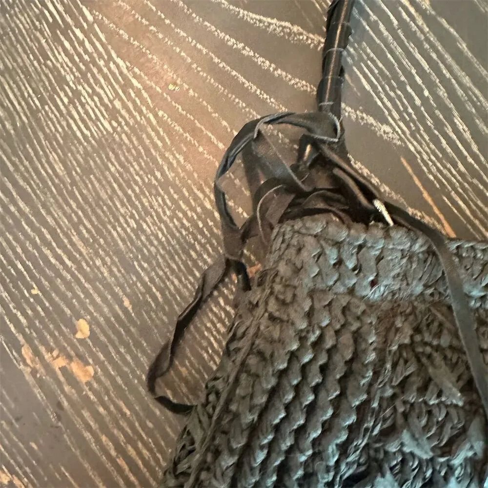 Nordstrom Black Straw & Leather Shoulder Bag Women's  Closure Fabric Lined NWT - Image 7