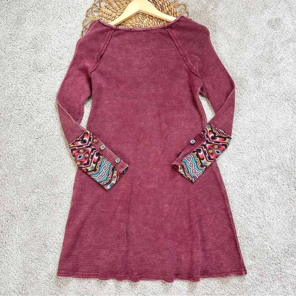 Hailey&Co Waffle Knit Washed Boho Burgundy Red Long Sleeve Mini Dress Size L Size L - Image 6