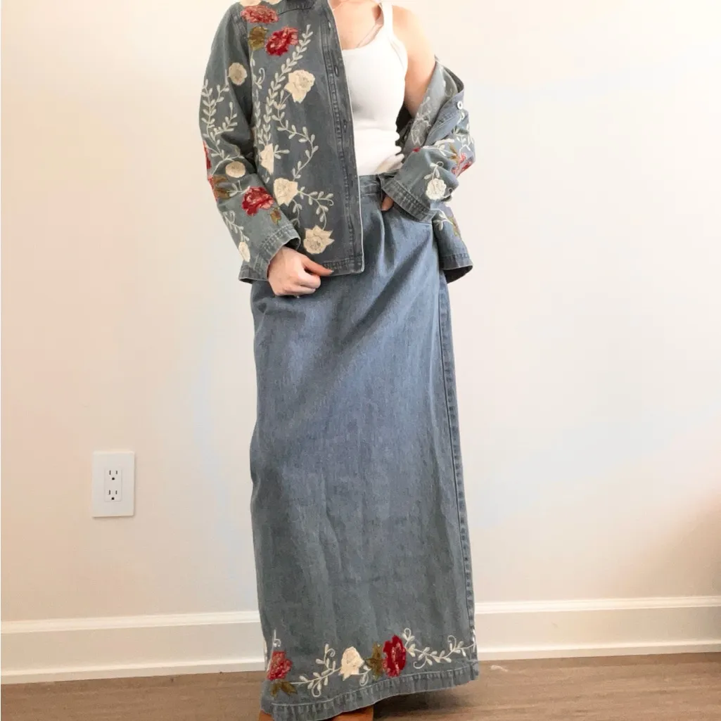 Vintage Denim&Co Blue Maxi Skirt and Jacket Set with Floral Embroidery - Image 6
