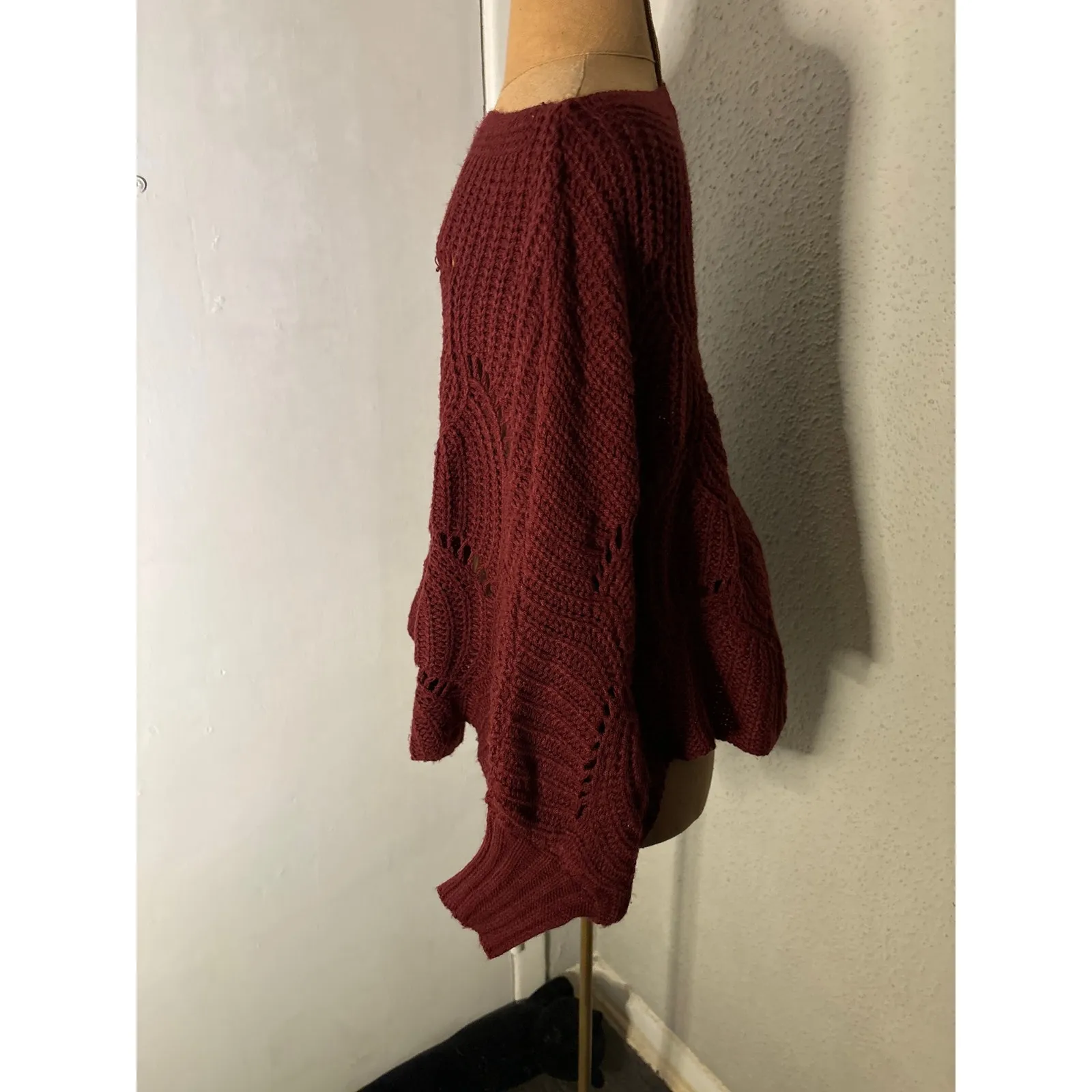 SHEIN Burgundy Chunky Sweater Poncho Sleeves S Grandmacore Cozy Comfy Winter - Image 7