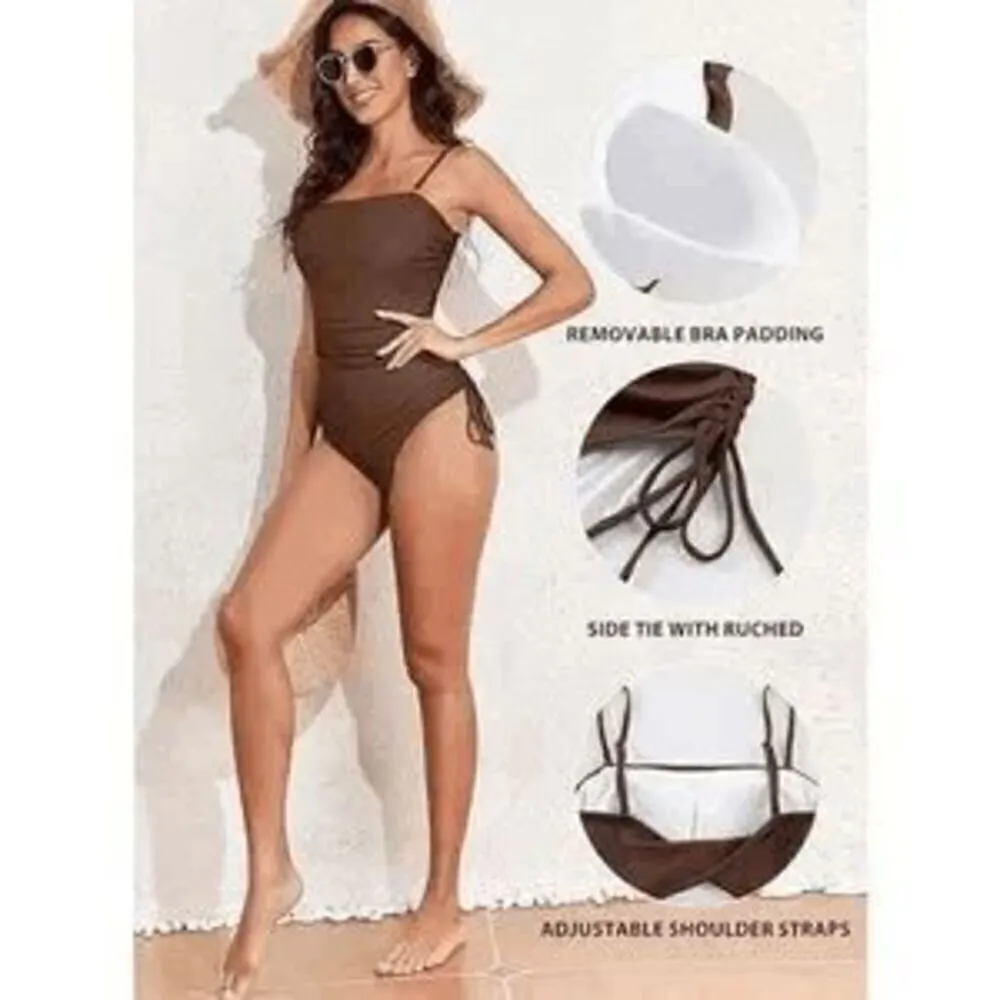 Women's Brown Ribbed One Piece Ruched Side Tie Swimsuit Med NWOT Size L - Image 9