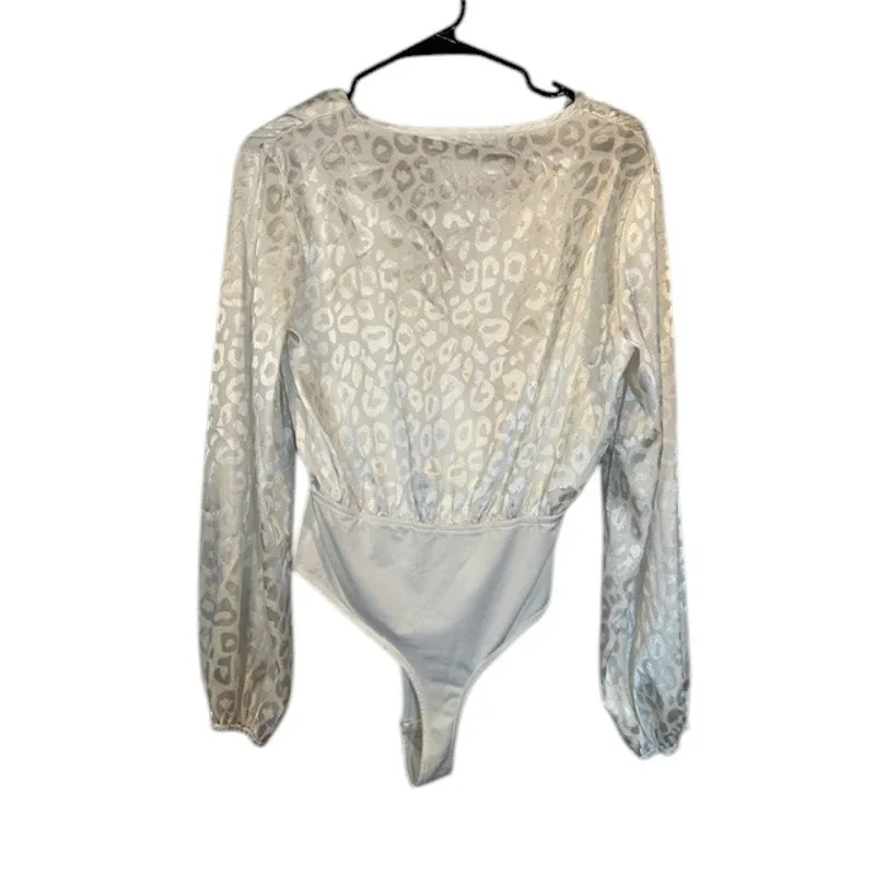 Shein White Leopard V-Neck Wrap Style Upper Long Sleeve Bodysuit Women Sz S - Image 2