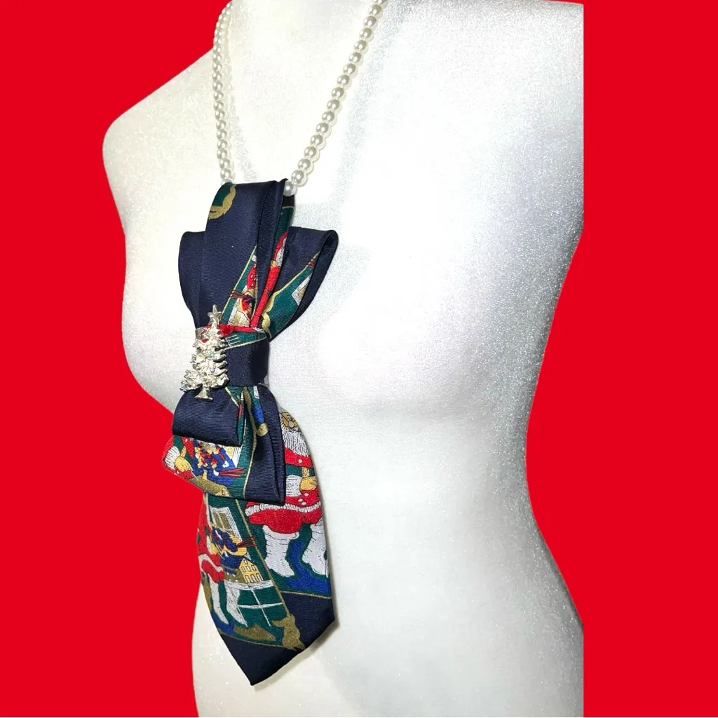 “Dainty Dapper” Festive Navy Christmas necktie necklace! Blue - Image 4