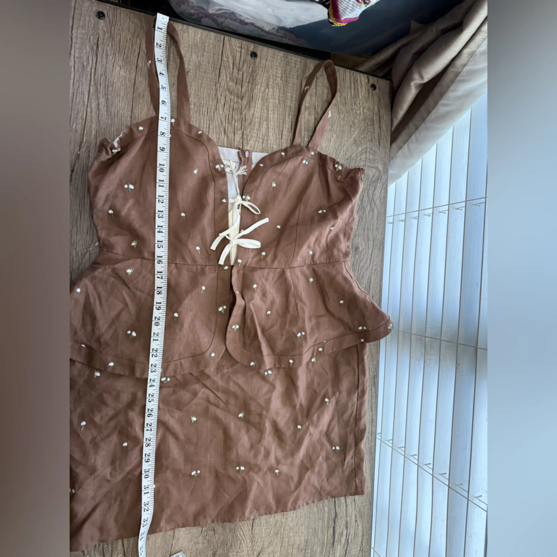 Fanm Mon Helaina Floral‎ Bow Front Sweetheart Neck Sheath Peplum Mini Dress Brown Size XL - Image 6