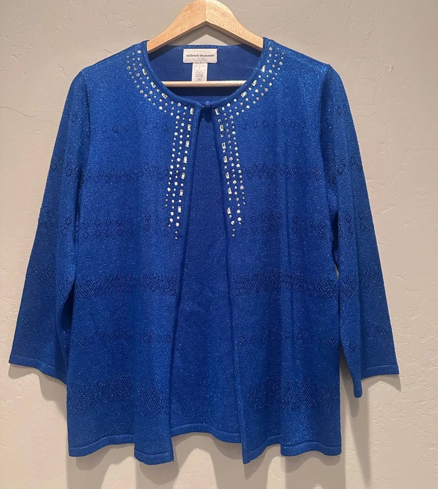 Alfred Dunner Blue Ombre Two for One Embellished Jewel Sweater Top Small NYE - Image 1