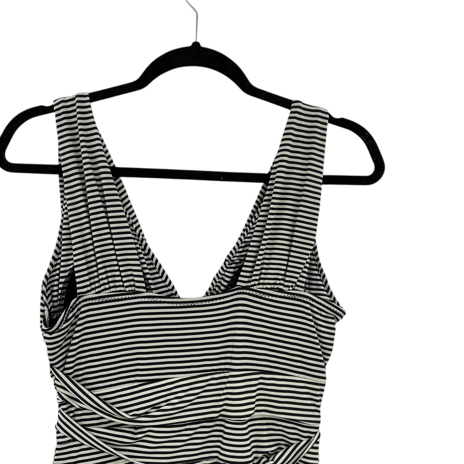 Garnet Hill One Piece Swimsuit Ruched Plunge Striped Black Cream Size 8 - Image 9