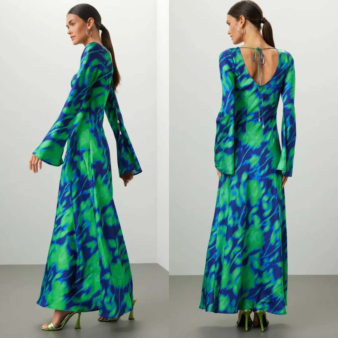 The Wolf Gang Dress Calypso Green Blue Abstract Long Sleeve Maxi Dress Size M Size M - Image 9