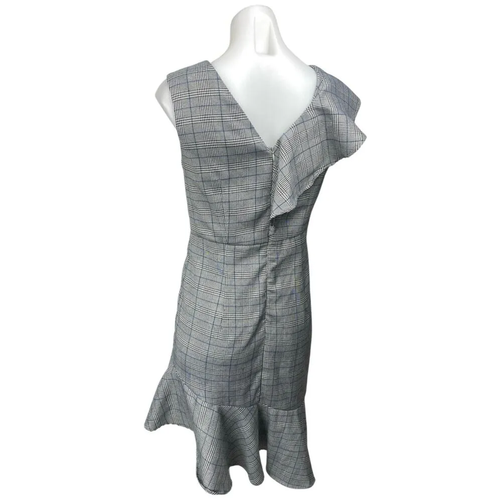 Aqua Gray Plaid Tartan Sleeveless Ruffle Asymmetric V Neck Mini Sheath Dress S - Image 3