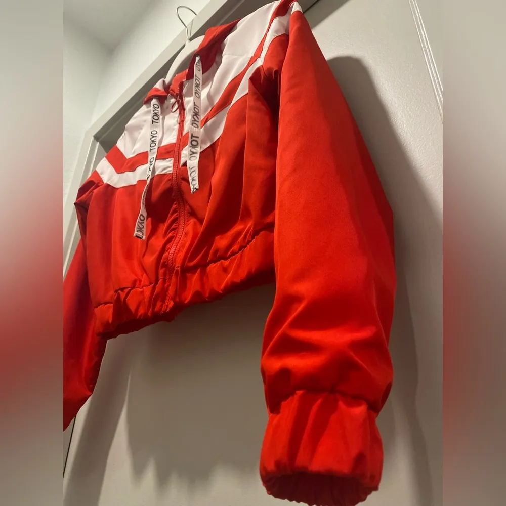 Red Tokyo Drawstring Zip-Up Lightweight Crop Windbreaker Track Jacket - Image 8