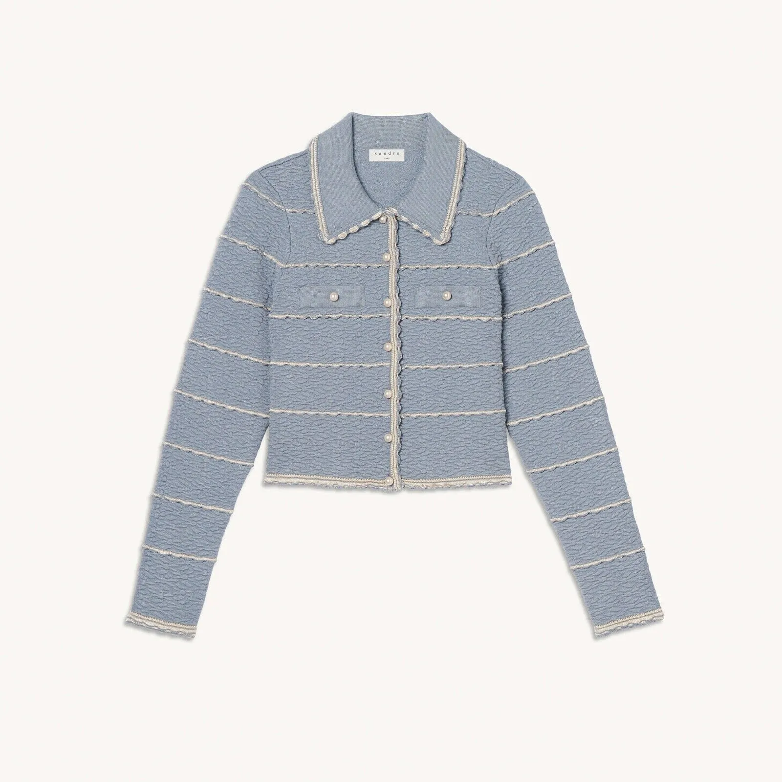 SANDRO Infinity Blue Scalloped Textured Contrast-Trim Cropped Coatigan - 4 (XL) - Image 2