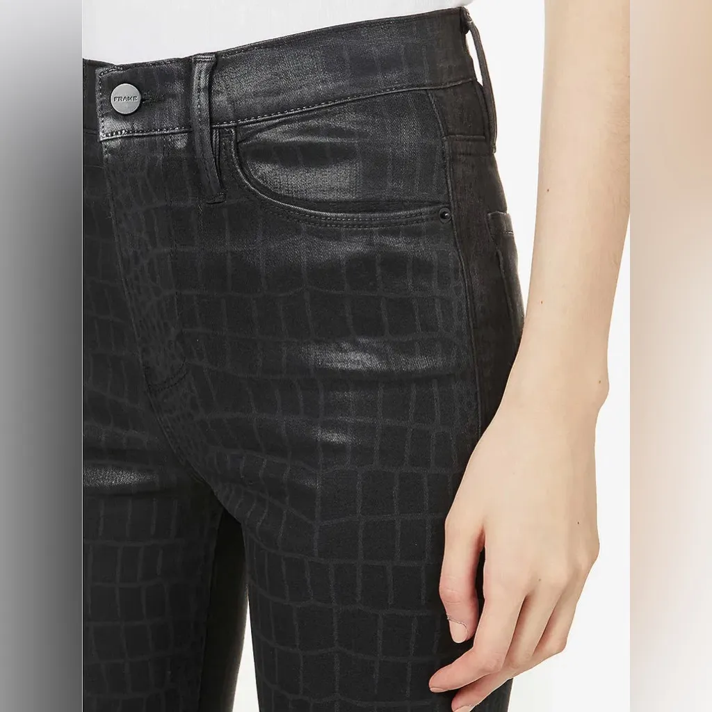 FRAME Faux Leather Pants Le Sylvie Black Croc Embossed HighRise Straight Fit - Image 3