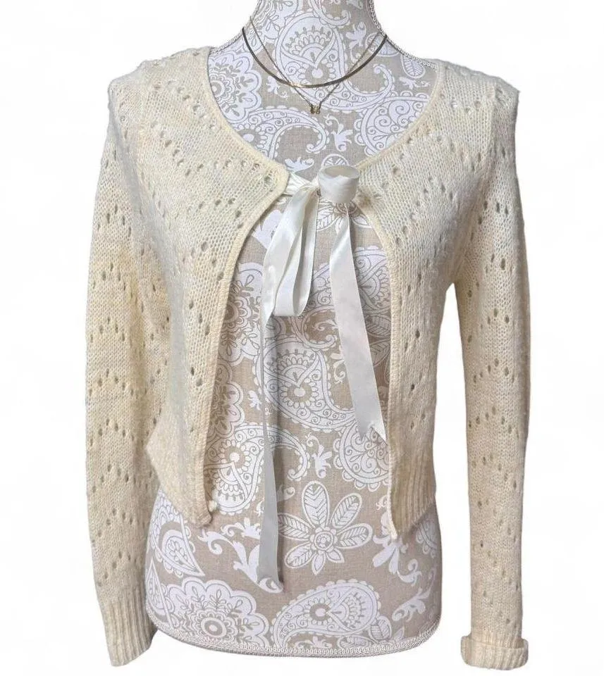 Coolwear Cream Knit Cardigan M Ribbon Tie Front Eyelet Cropped Sweater Y2K Tan Size M - Image 2