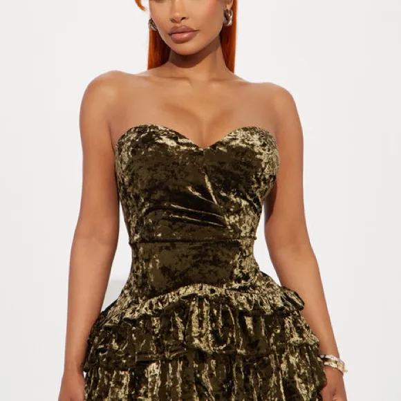 Elegant Olive Green Strapless Dress Size L - Image 2