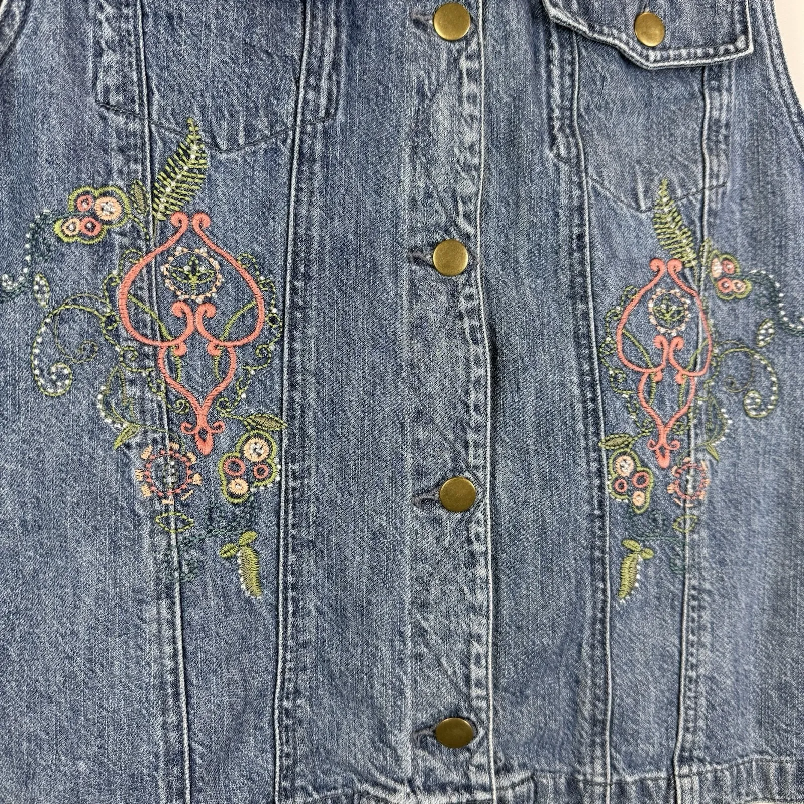 Christopher Banks Denim Boho Vest M Blue Embroidered Collared Eclectic Western - Image 3