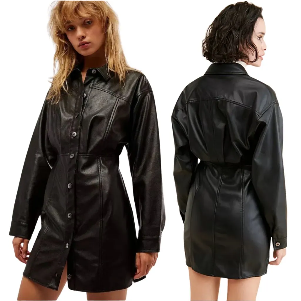 Free People Amber Vegan Leather Mini Dress Women's 2 Black Festival Biker NWOT - Image 3