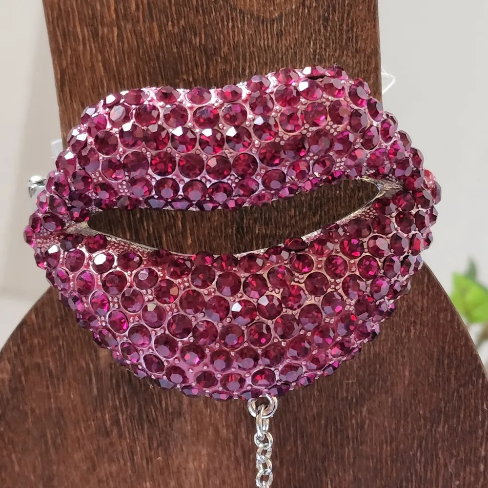 Silver Red Crystal Lips Hinge / Clamper Bracelet with Attached Ring - Image 3