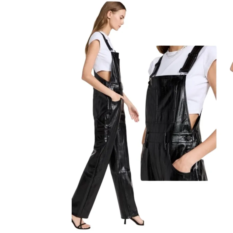 Good American black better than leather faux leather overalls Size 16 NWT - Image 3