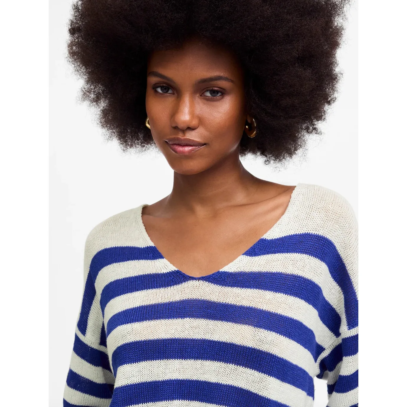 Madewell Linen V Neck Sweater Striped Sapphire Blue Relaxed Nautical Small NWT - Image 4