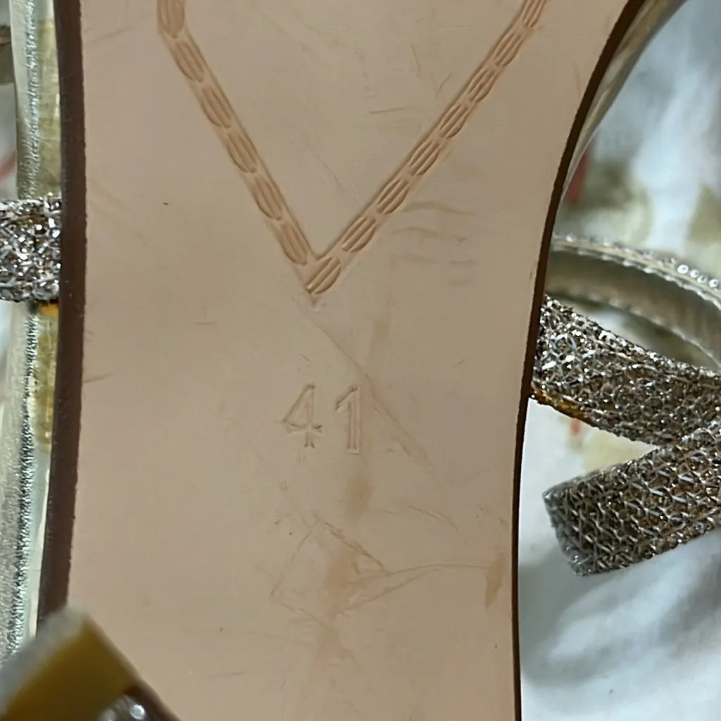 Dune London Glittery Metallic Rose Gold X Strap Stiletto Sandal Size 10.5/41 - Image 9