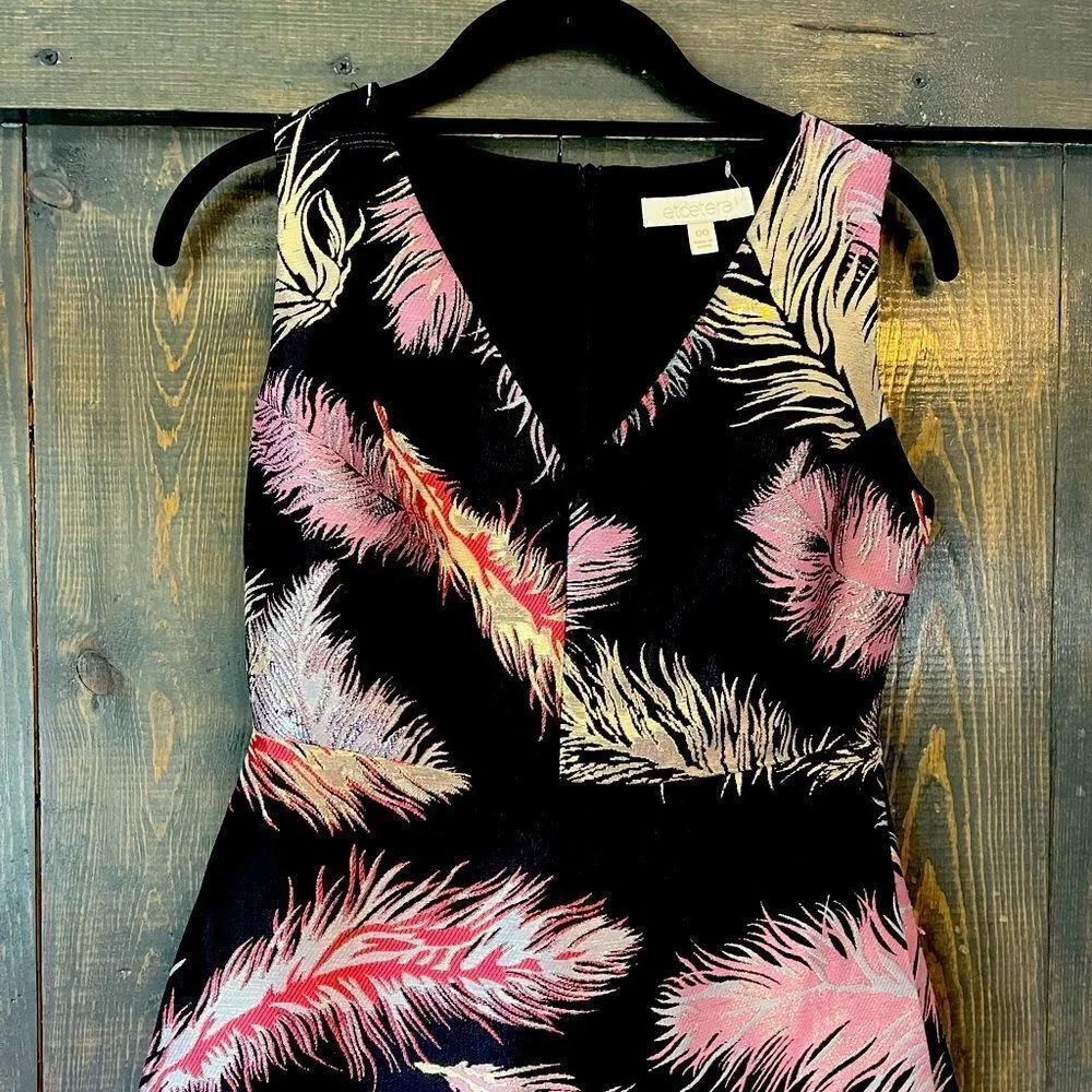 Etcetera‎ Black Feather Print Cocktail Dress V-Neck Sleeveless Party Dress E12 - Image 6
