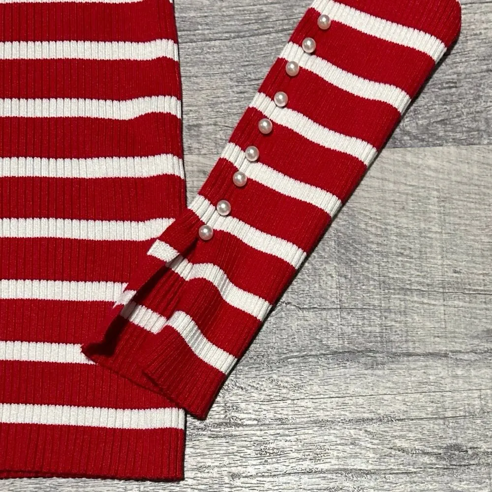 Red White Stripe Sweater Womens XS Ribbed Fitted Pearl Button Sleeve - Image 3