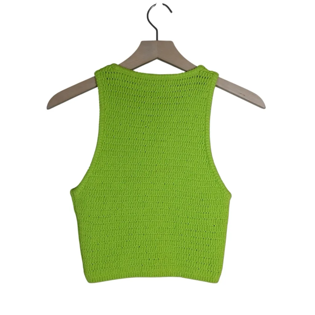 Zara Women's S Limited Edition Lime Green Crochet Knit Top with Floral Design - Image 2