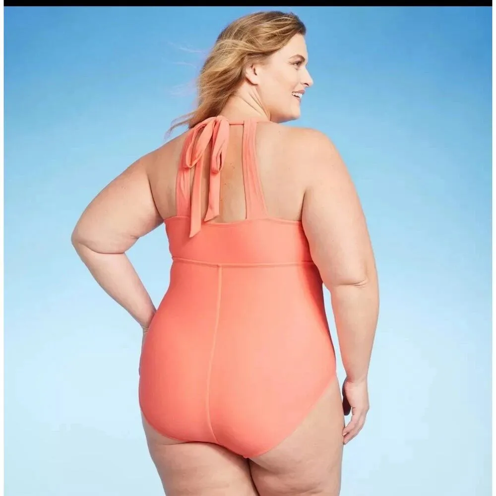 Kona Sol Women's High Neck Halter One Piece Swimsuit Tummy Control Coral Size 22 - Image 2